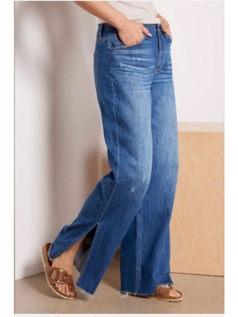 Evereve EVER Slouchy High Rise Wide Leg Jeans Sz 28 Blue Side‎ Slit Raw Hem